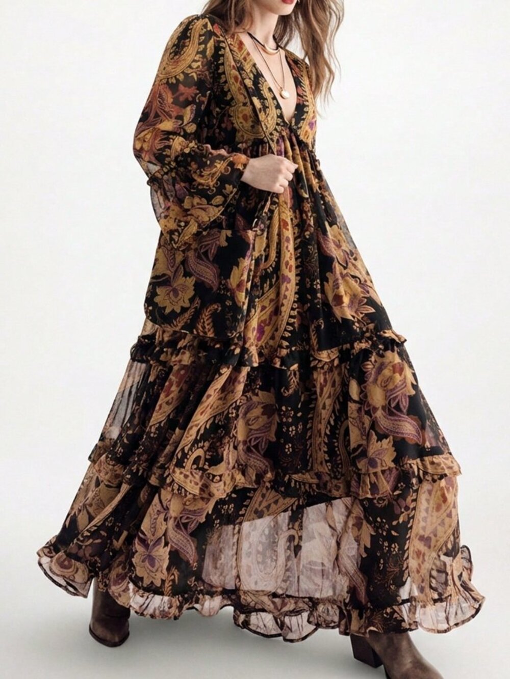 Multicolor Boho Women's Chiffon Flowy Dress - Picture 1 of 7